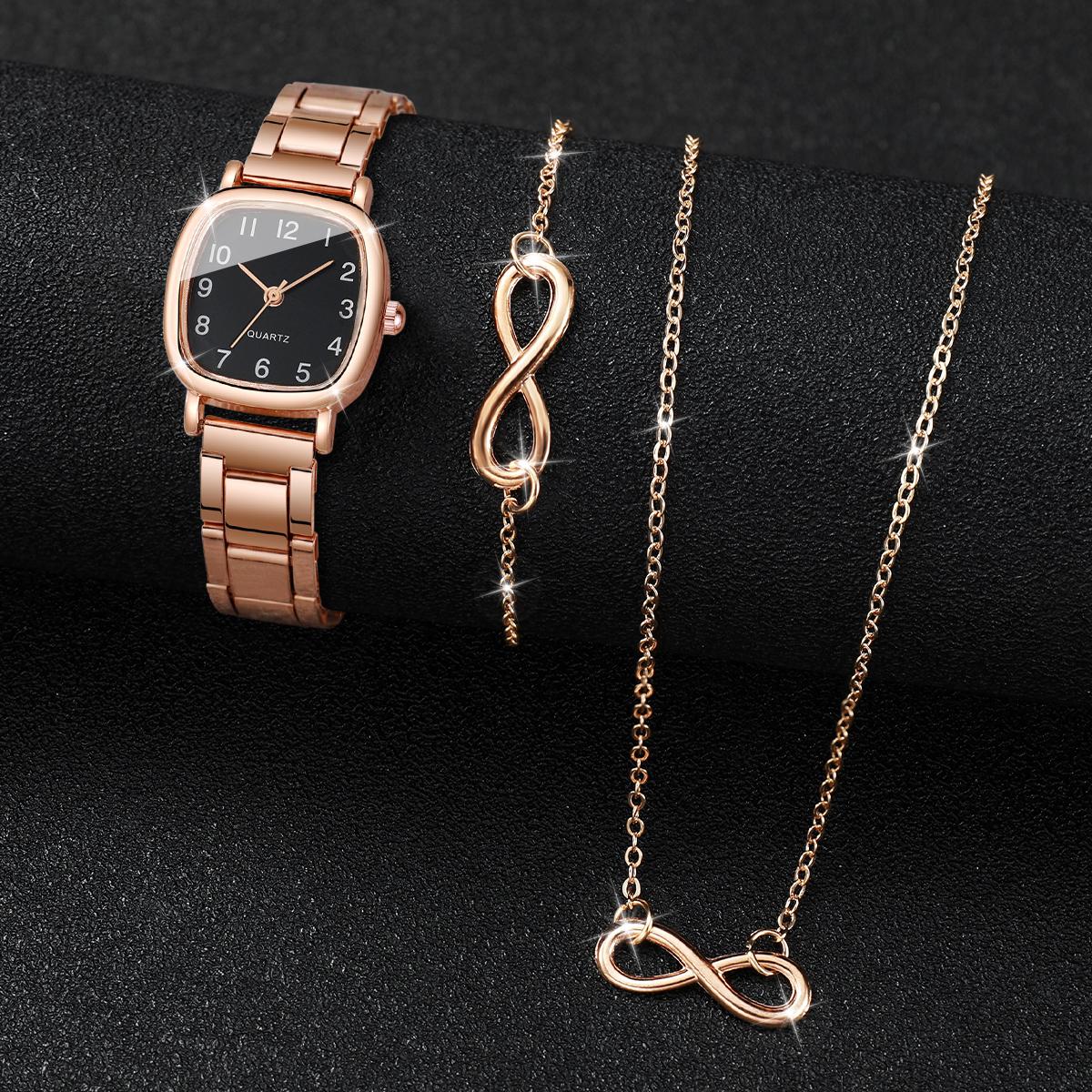 

3PC/Set Women s Square Steel Band Watch Small Head Quartz Watch Necklace Bracelet Set ярко-розовый