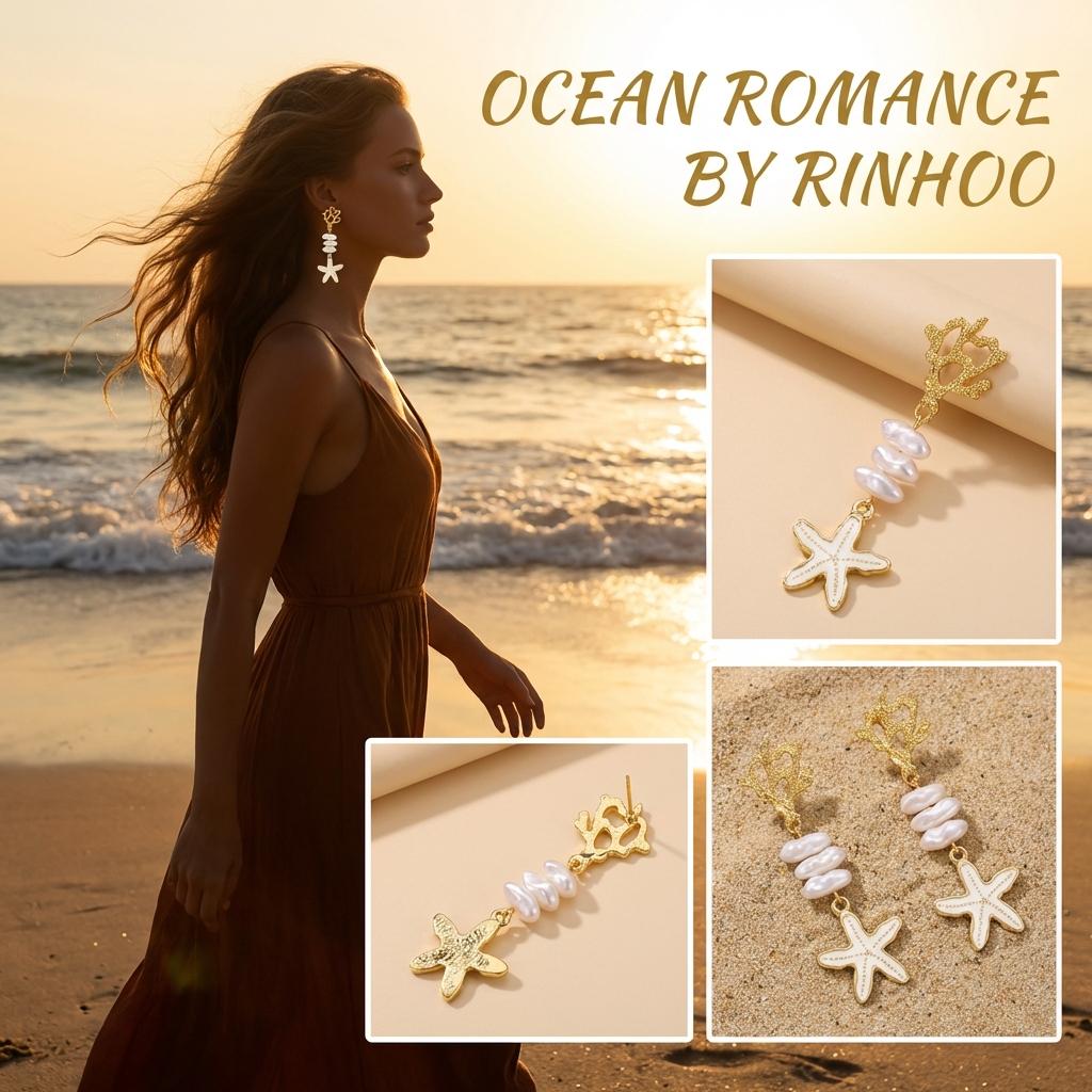 Gold Color Coral Starfish Dangle Earrings for Women Trendy White Enamel Lustrous Imitation Pearl Drop Studs Pretty Beach Jewelry