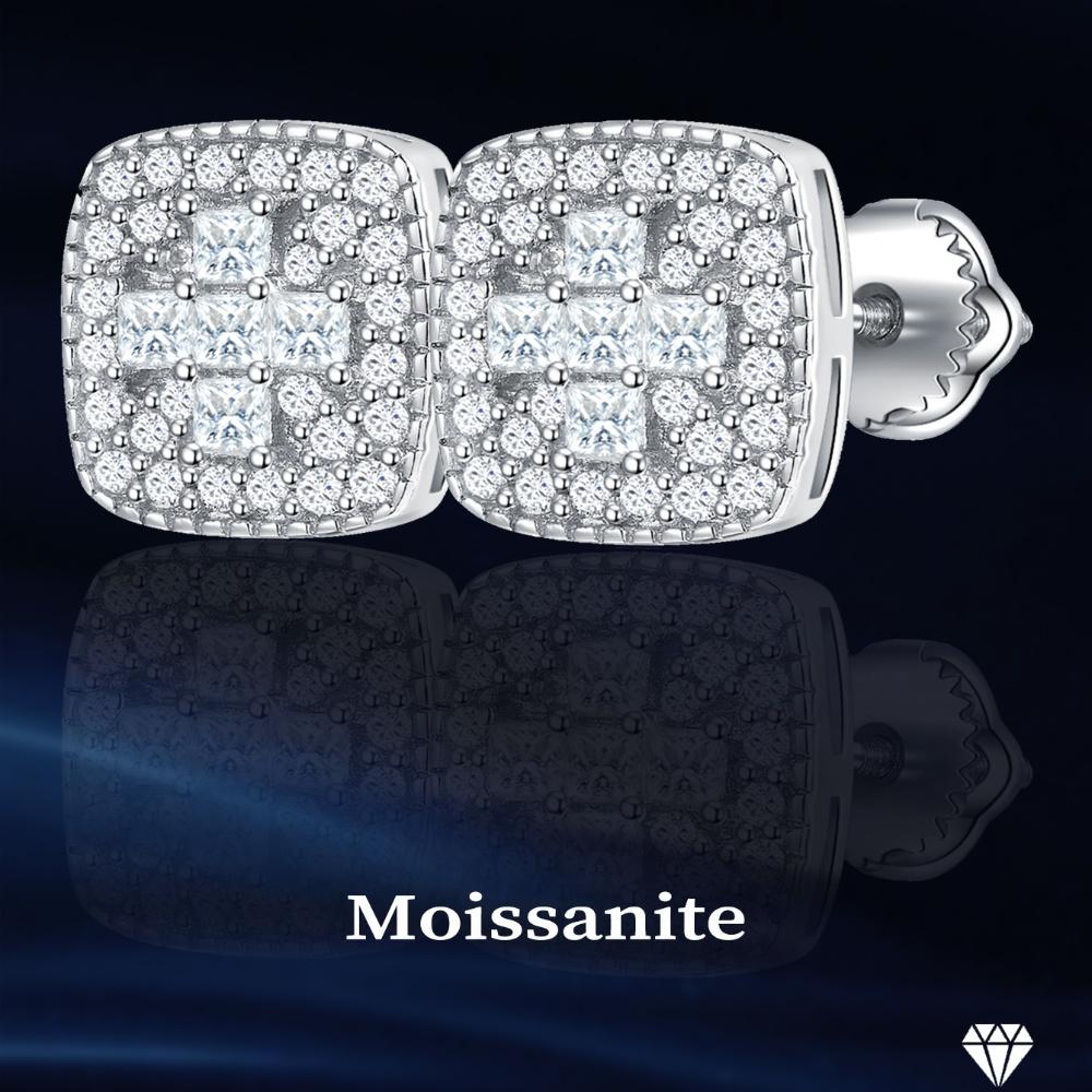 Moissanit Echte Herren Echte Solide 925 Sterling Silber Vereiste Hip Hop Quadratische Ohrringe