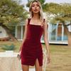 Ladies Elegant Solid Color Velvet Sexy Party High Split Pencil Dress