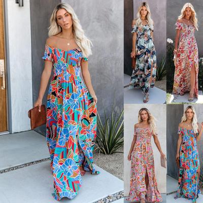 Holiday Casual Sundress Women Floral Printed Off The Shoulder Split Maxi Dress