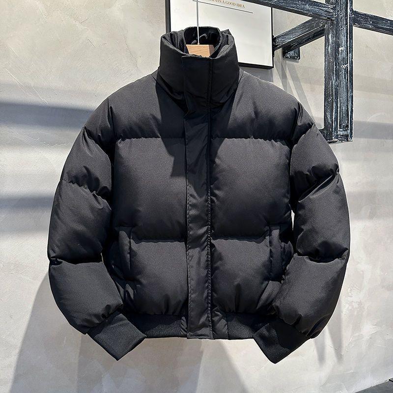 Mens Winter Thickened Stand Collar Puffer Jacket Black Loose Fit Streetwear Short Coat Warm Cotton Filled