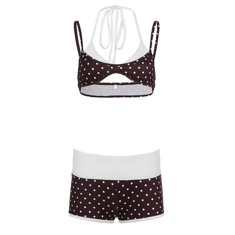 Sexy babes vacation wind polka dot print fake two-piece bikini suit neck vest + contrasting shorts S