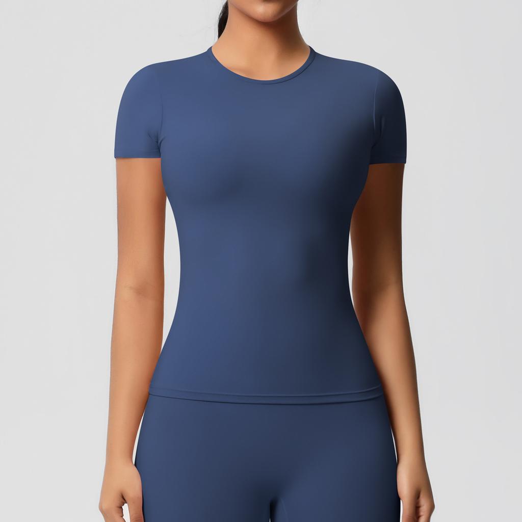 Solid color double-sided abraded tight sports short-sleeved T-shirt sports running fitness yoga clothes top women