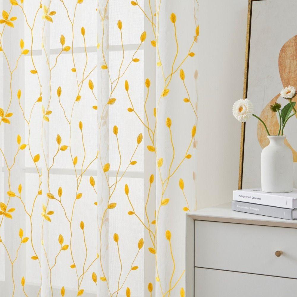 Pastoral Style Window Drapes Embroidery Tulle Curtain Leaf Pattern Sheer Curtain Home Decoration