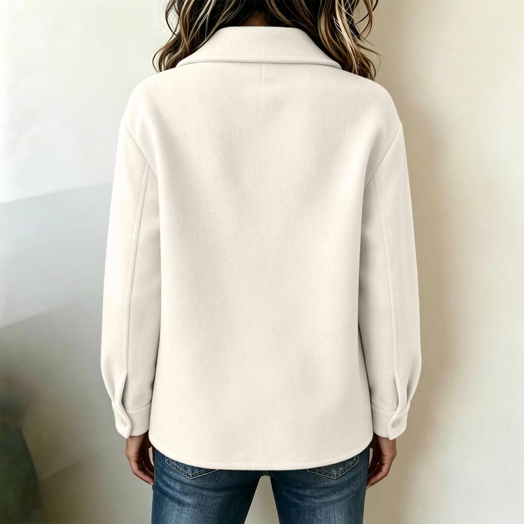 Women's collared button-down design solid-colored wool coat top