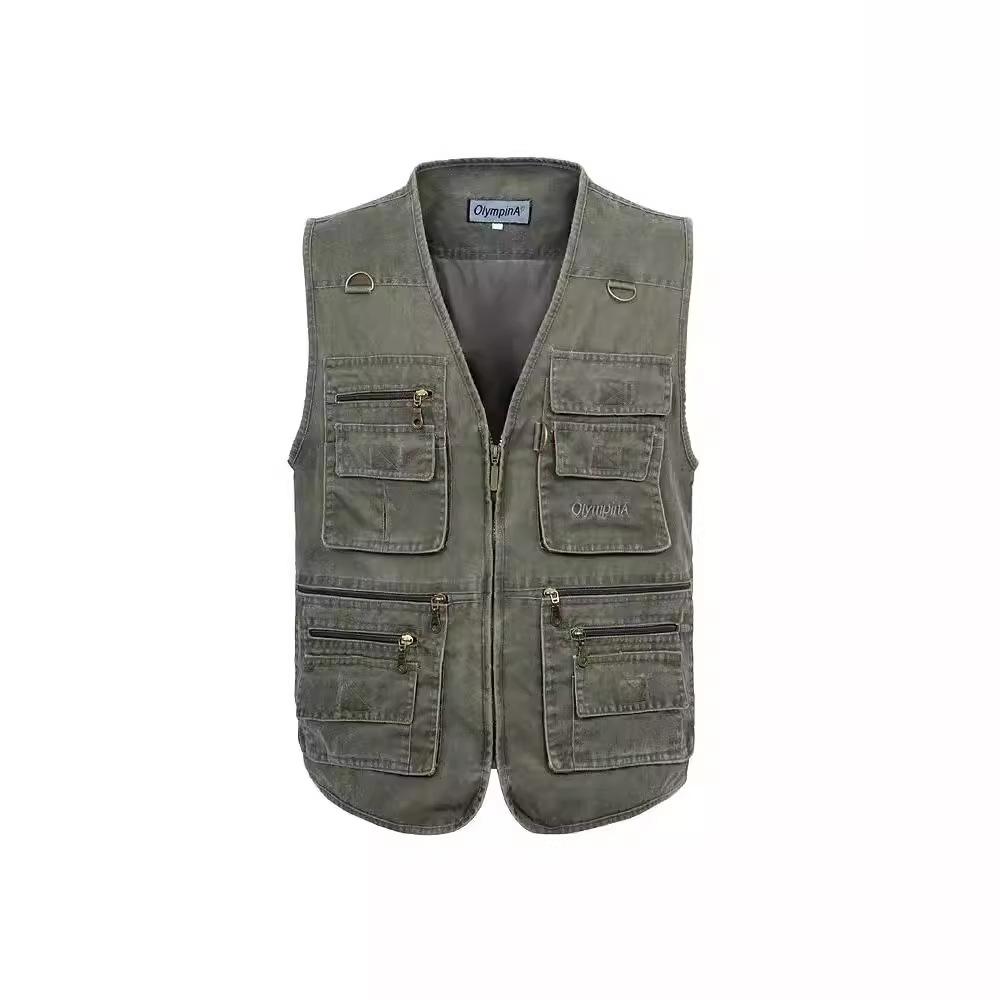 Pánská pracovní vesta bez rukávů s více kapsami, ležérní užitková vesta v béžové, armádní zelené, tmavě šedé, khaki, námořnické modré, velikosti XL-10XL
