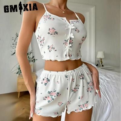 Printed Pajama Set V-Neck Camisole Top Shorts Women's Pajamas
