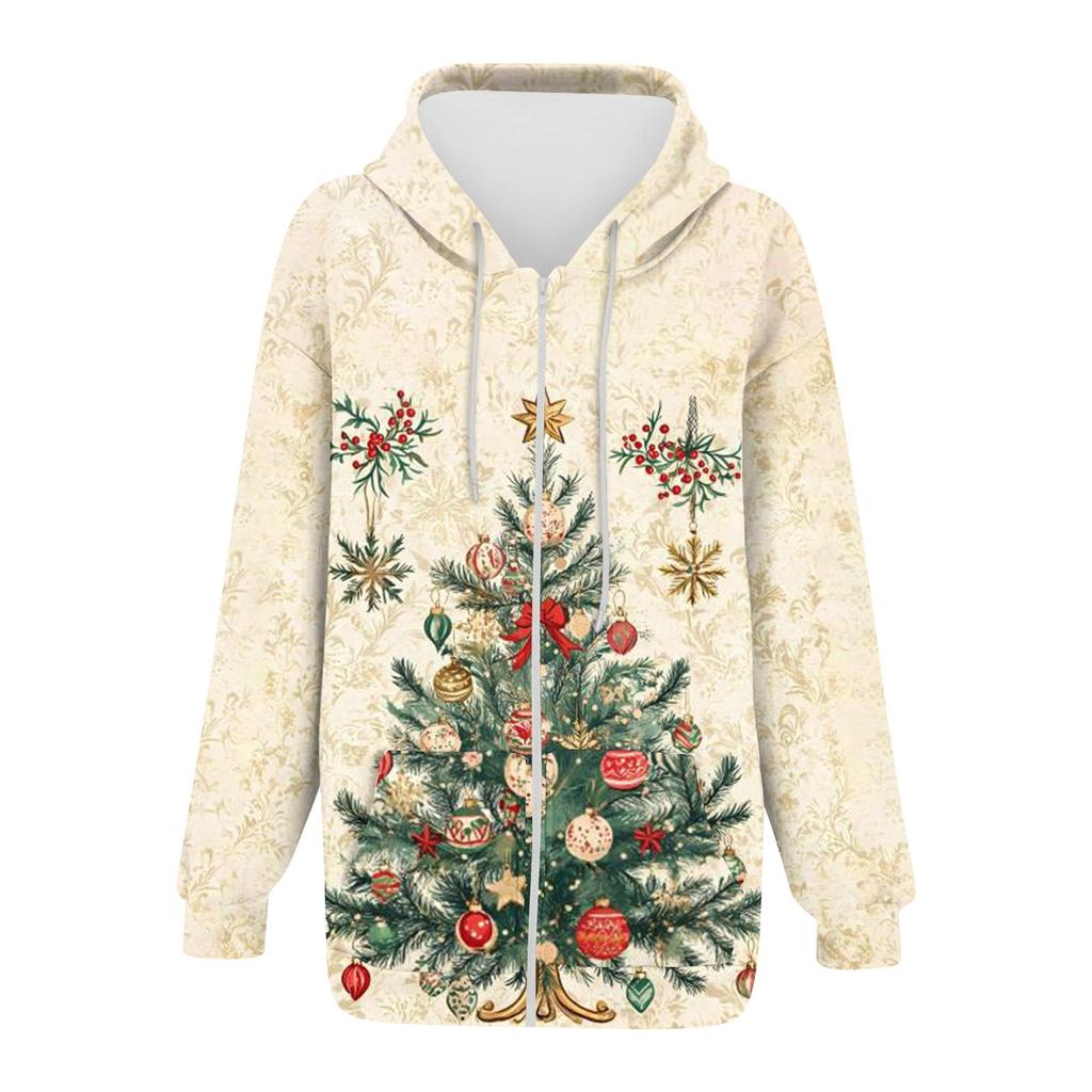 Damenmode Casual Weihnachtsdruck Sweatshirt Herbst Winter Langarm Cardigan Jacke Mit Tasche Reißverschluss Hoodie Jacke
