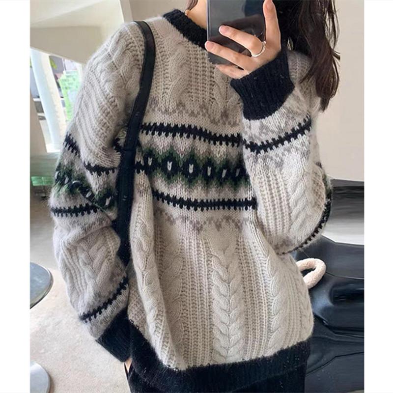 Podzimní a zimní dámský svetr s kulatým výstřihem Retro Lazy Wind Soft Knit Twist Svetr