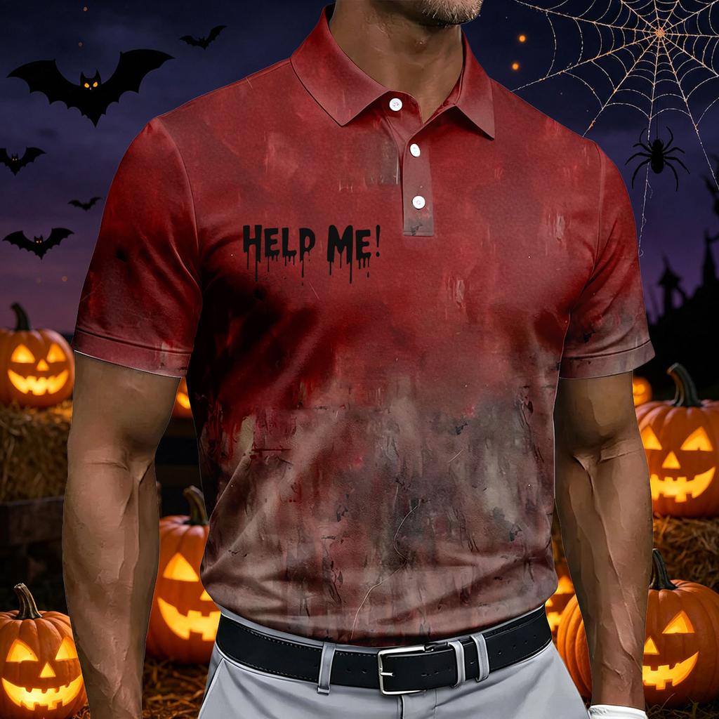 Men's Short Sleeve Halloween Themed Printed Polo Shirt with Handprint and Letter Pattern Casual Summer Top for Parties and Events