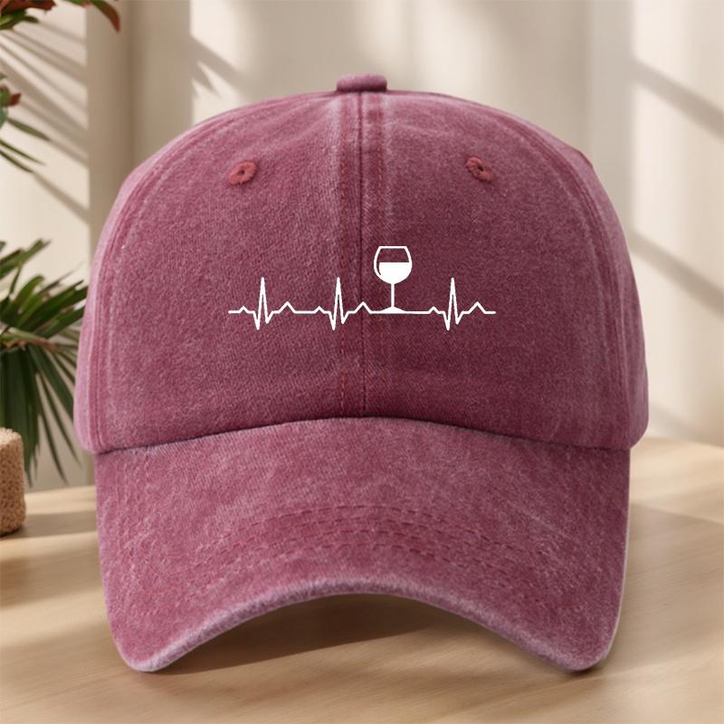 Heartbeat Red Wine Glass Printed Baseball Cap Classic Washed Retro Hat Lightweight Soft Sweat-Absorbent Peaked Cap
