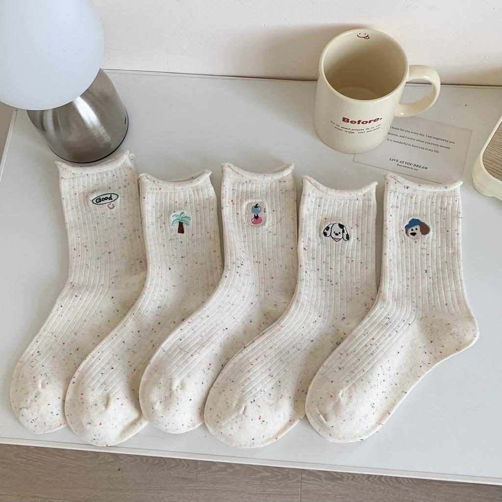 Boneless Socks Girls Tube Socks Rolled Edge Dot Gauze Embroidered Puppy Girl Socks Trendy Cute Student Stockings