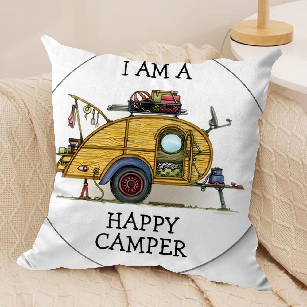 Happy Camping Rv Camper Car Cushion Cover Silky Short Plush Invisible Zipper Dustproof Sofa Pillow Case For Home Decor