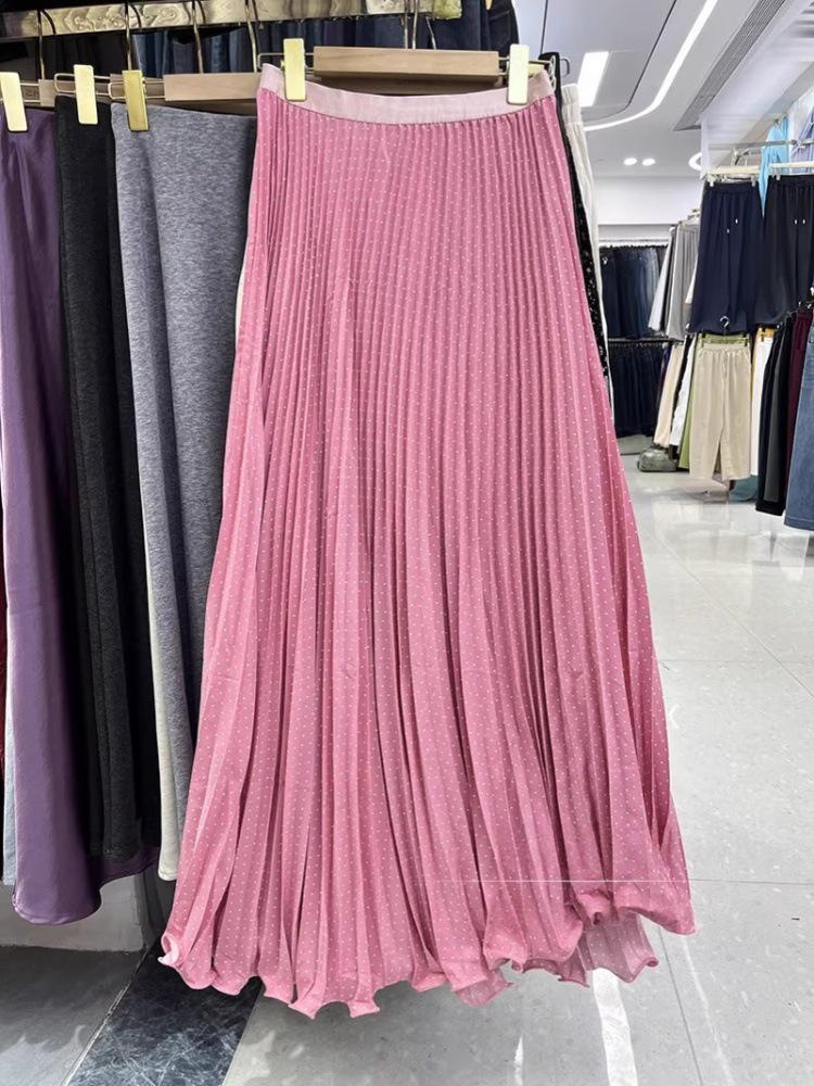 Retro High Waist Polka Dot Pleated Long Skirt with Lace Hem - Spring/Summer 2026 Collection