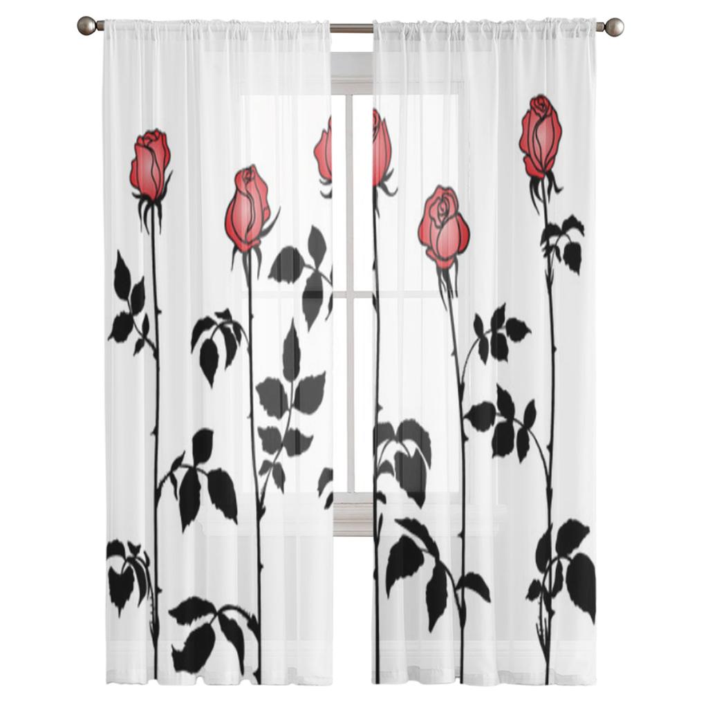 Watercolor Sheer Curtains For Living Room Red Rose Flower Branches Bedroom Tulle Curtains Kitchen Window Treatments Panel Drapes
