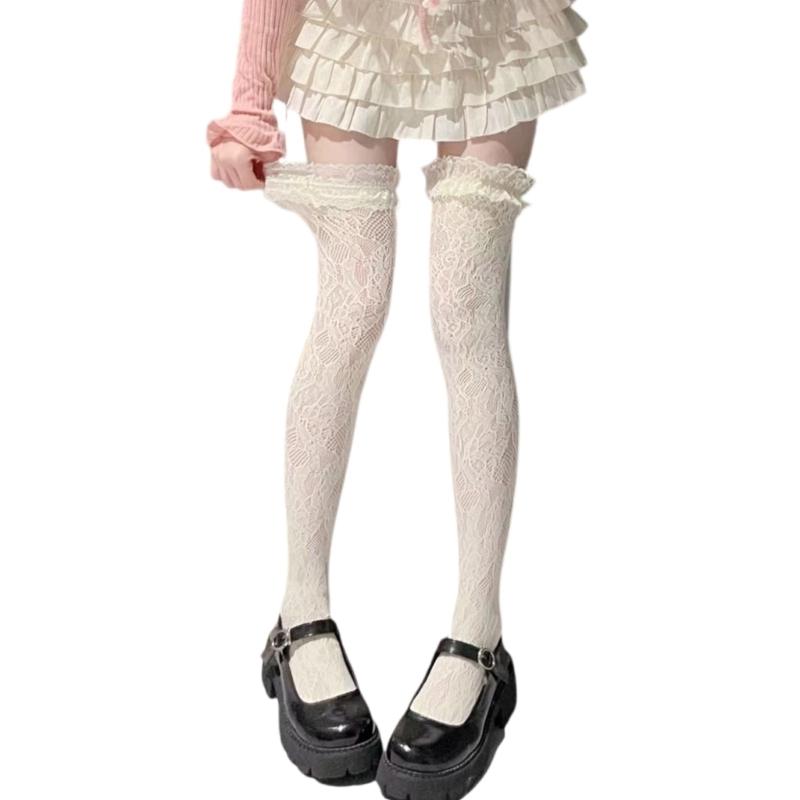 Japanese Style Fishnet Thigh Highs Stockings for Women JK Girl Flower Patterned Lace Ruffle Trim Frilly Over Knee Socks