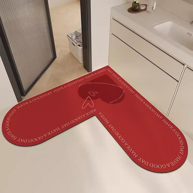 L Shape Diatom Mud Absorbent Bath Mat Non Slip Floor Mat For Bathroom Entrance Heart Design Festive Doormat