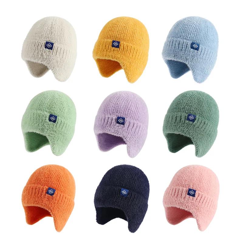 Winter Knit Earflap Beanie Soft Hat Outdoor Warm Woolen Snow Logo Plush Lined Brimmed Ski Skull Caps Blank Black Cold Hats