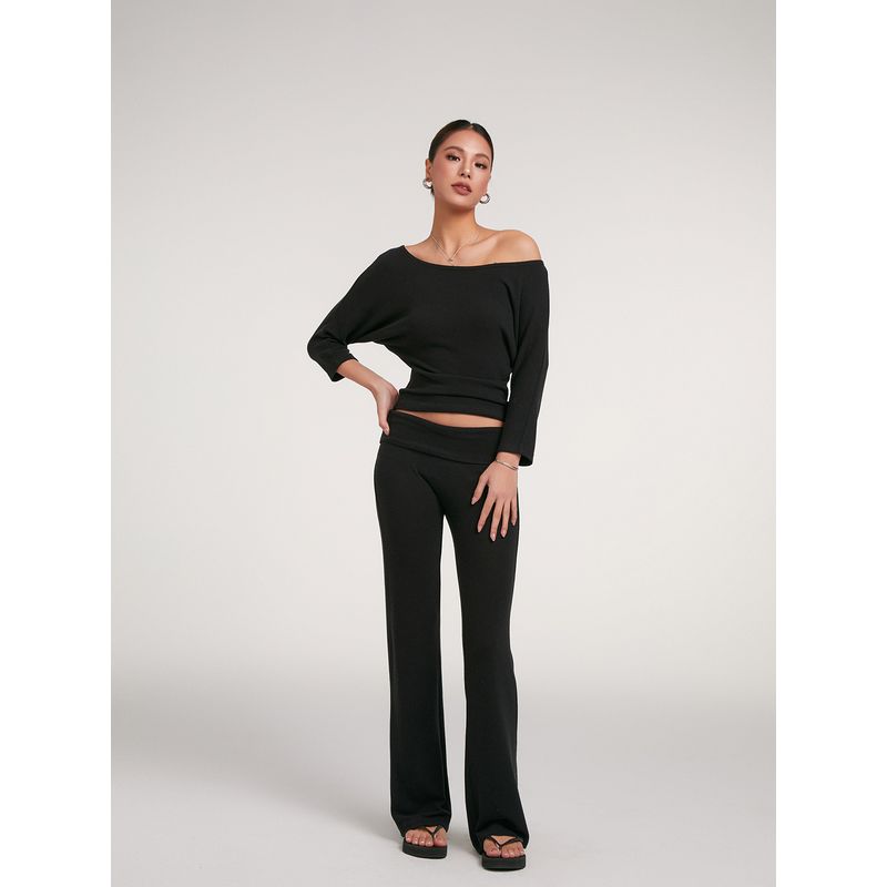 Discoglam Soft Glutinous Draping Effect Lazy Casual Slim Looking 2 Wear Oblique Shoulder 7-Point Sleeve T-shirt + Bell-Bottom Pants Women's Autumn