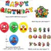 1 x mehrfarbige Happy Birthday-Girlande im Mario-Design mit Cupcake-Toppern und Luftballons