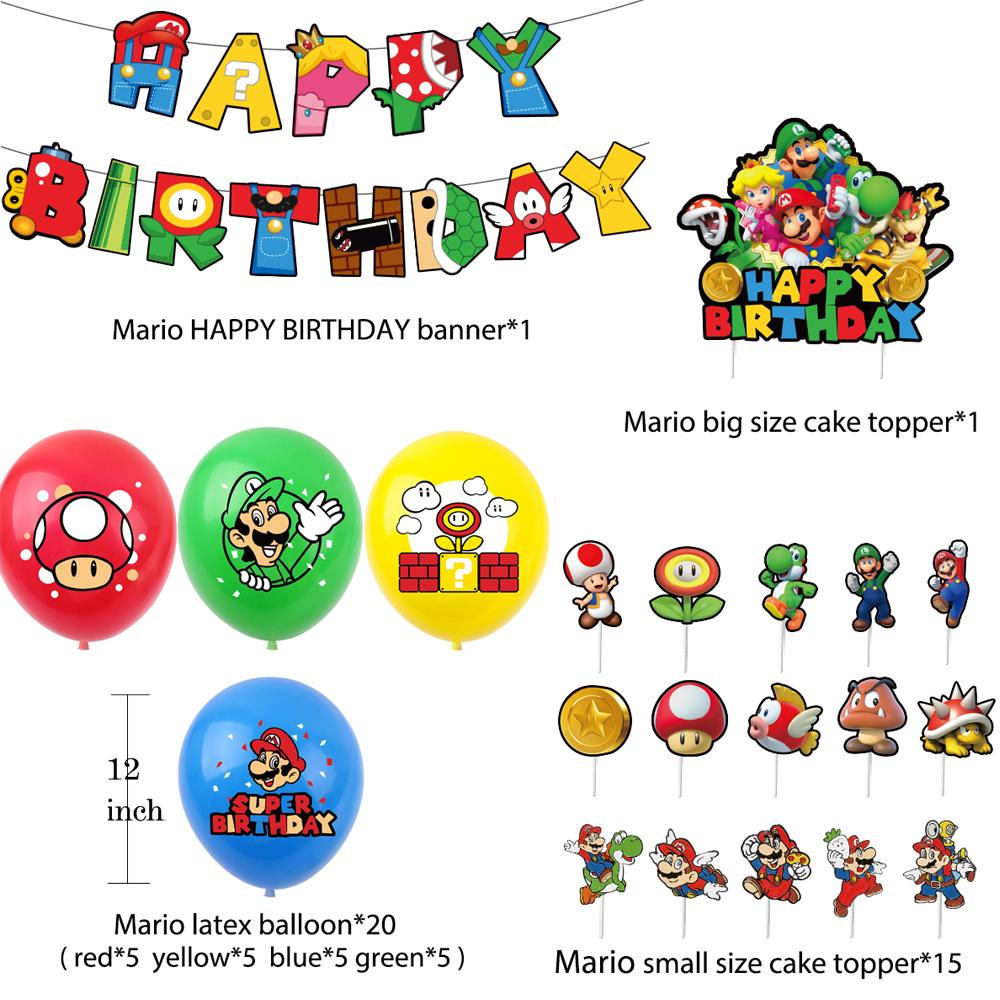 1 x mehrfarbige Happy Birthday-Girlande im Mario-Design mit Cupcake-Toppern und Luftballons