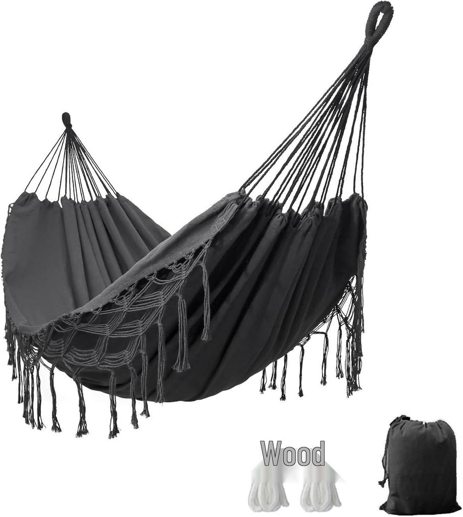 Portable Double Hammock Chair - Curved Bar Canvas Swing with Tassels for Outdoor Camping