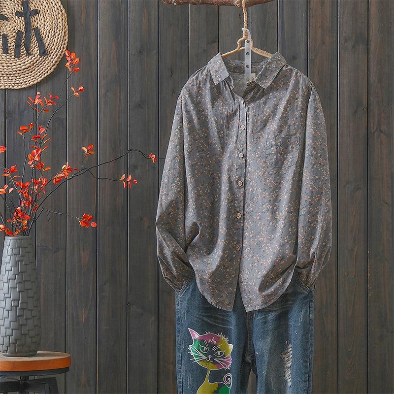 Women's Small Floral Cotton Linen Long Sleeve Shirt - Artistic Casual Spring/Autumn Outerwear