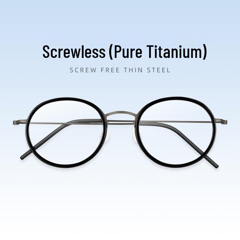 Unisex Retro Titanium Round Screwless Eyeglass Frame 5805 Gun Frame Black Circle