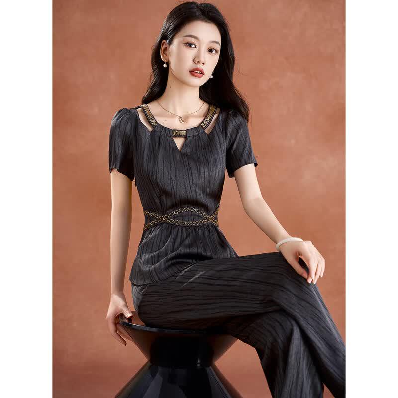 Meilanni Gray Gold Striped Two-Piece Set S