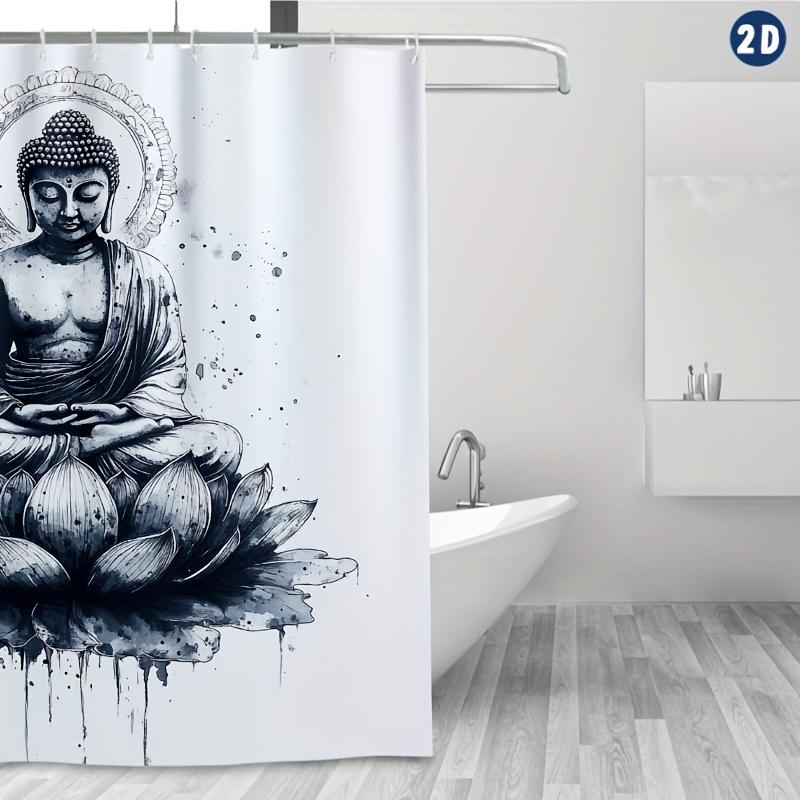 Tattoo Design Buddha on Lotus Shower Curtain, Durable Polyester, Easy Clean, Includes Hooks, Perfect for Bathroom & Window Decor