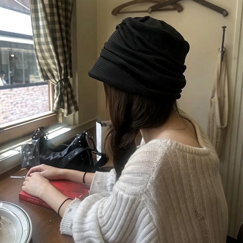 Japanese Yamamoto Style Pleated Striped Stack Hat Early Autumn Knitted Hat Street Fashionable Plain Face Small Pullover Hat