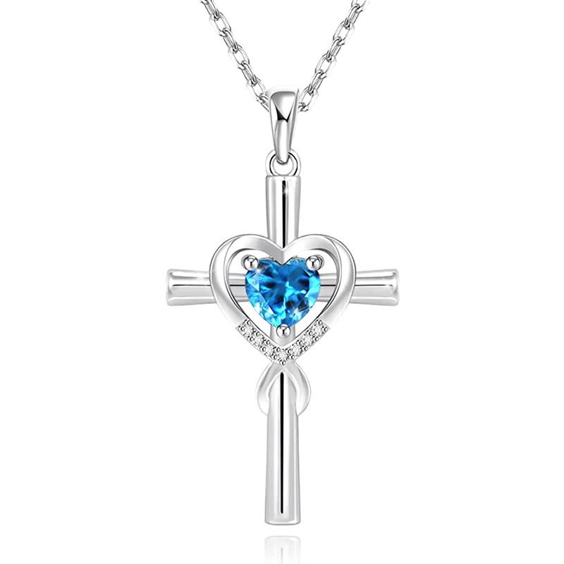 Huitan Cross Heart Shaped Women Pendant Necklace Fresh Style Wedding Party Accessories Inlaid White/Blue CZ Daily Jewelry Gift