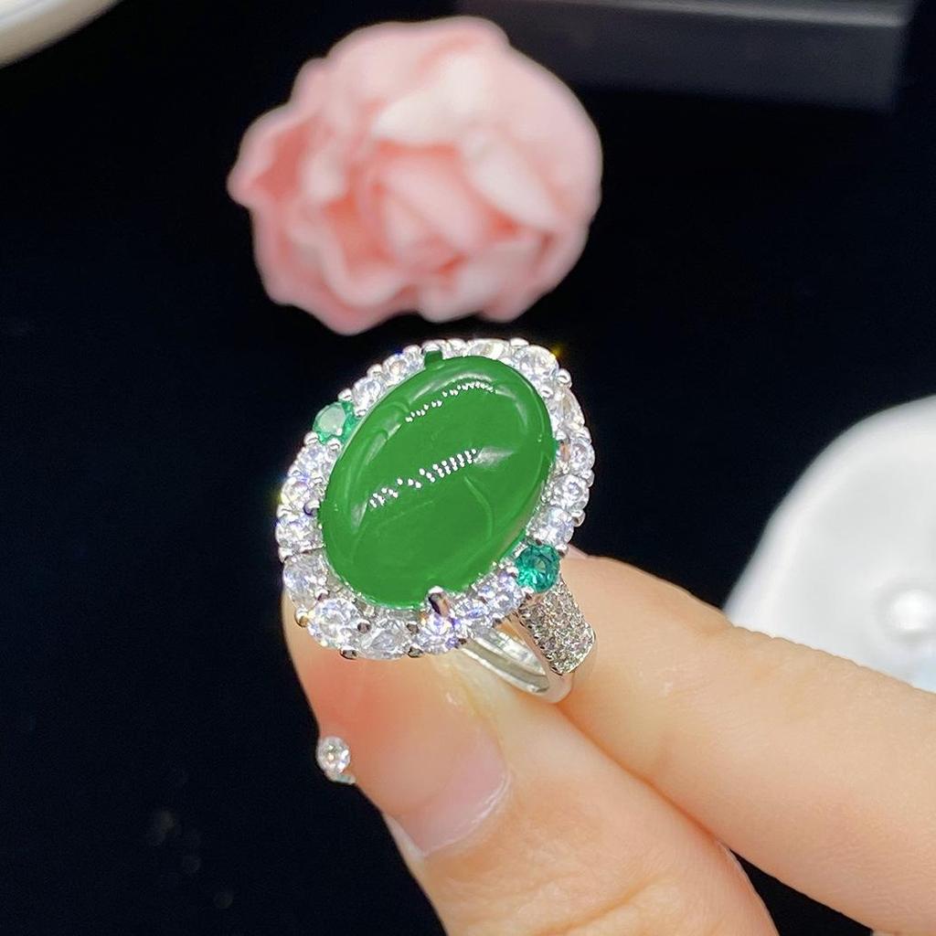 Bague ouverte tendance en jaspe calcédoine de glace naturelle simulée pour femmes avec diamants complets