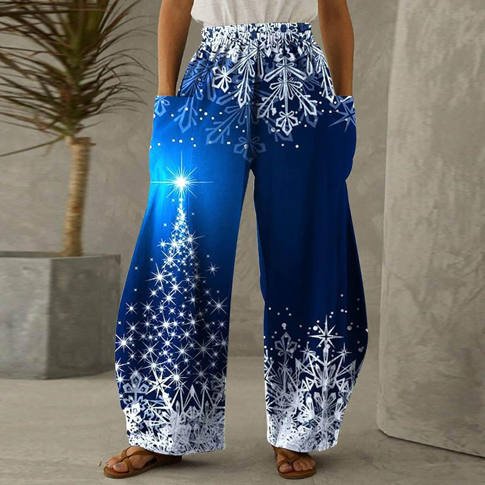 

Women Fashion Christmas Snowmen Print Casual Loose Pants Plus Size Loose Pants XXXL синий