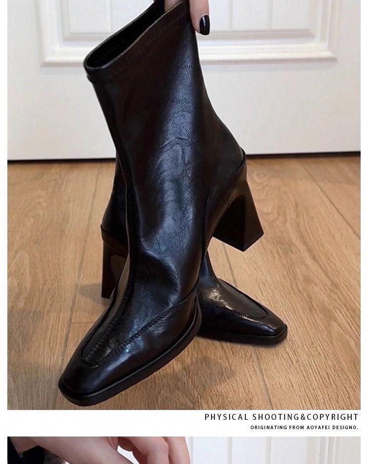 French Retro Square Toe Chunky Heel Ankle Boots for Women - Autumn Winter Versatile Slim Fit In Brown Black.