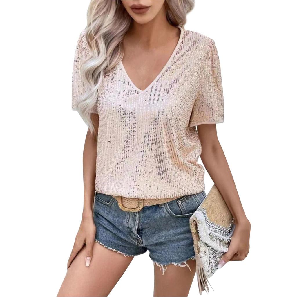 Plus Size Sequins Tops For Women Loose V Neck Short Sleeve Tunic Shirts Dressy Business Casual Party Blouse