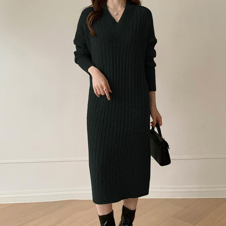 Autumn and Winter Retro Temperament Knitted Dress Women's Loose Lazy Style with Coat with Bottoming Sweater Long Skirt