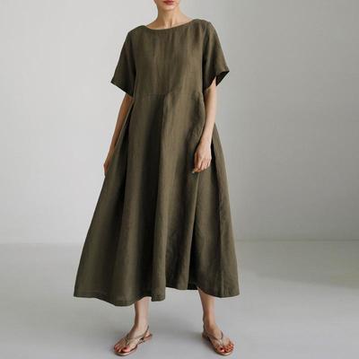 Summer Korean Women Dresses Casual Solid Color O-neck Short Sleeve Pockets Simple Dress