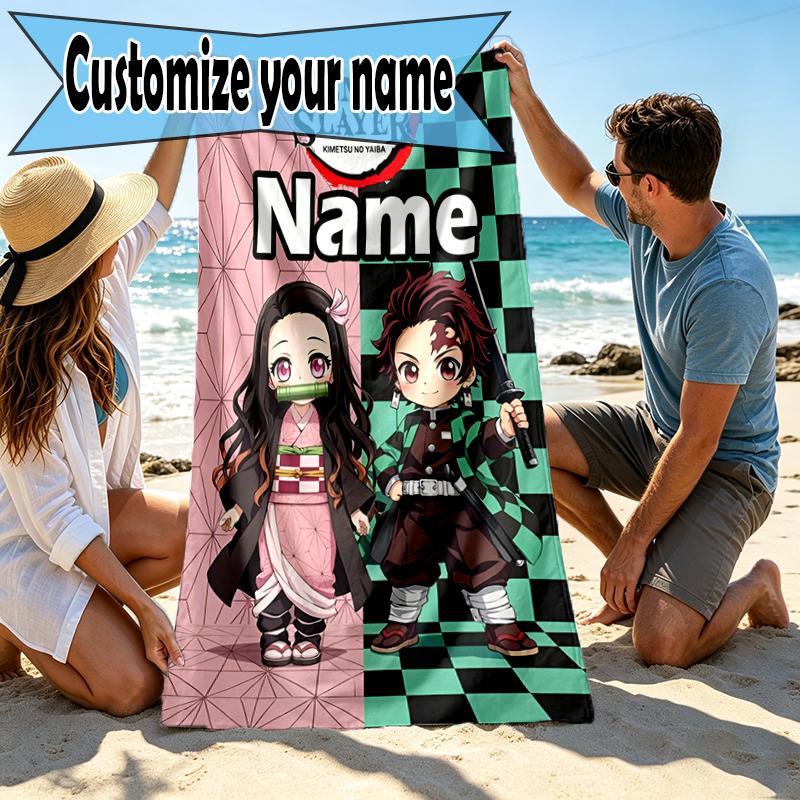 Custom Name Personalized Demon Slayer Print Beach Towel, for Trip Camping Beach Party Home Decor, Birthday Gift for Family & Friends