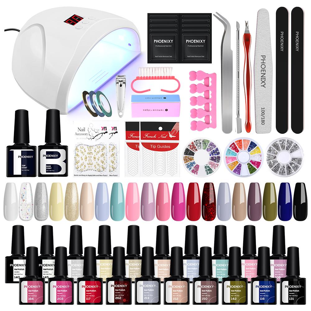 PHOENIXY Gel Nail Kit Gel Varnish with 36W Nail Lamp 20Colors White Black Gel Nail Polish Kit Glossy & Matte Gel Top Base Coat Manicure Tools Nail Art