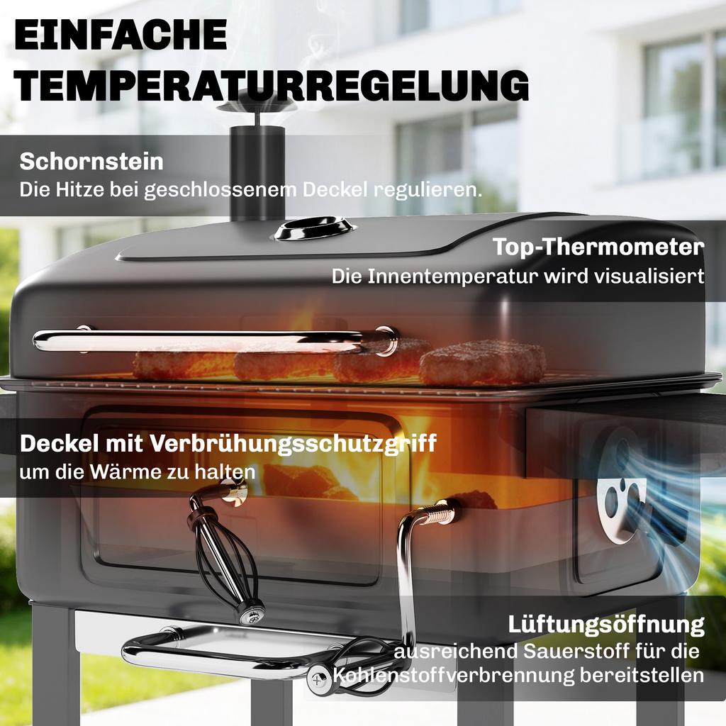 Charcoal BBQ Grill with Adjustable Charcoal Pan, Large Barbecue Grill Smoker with Side Tables, Temperature for Outdoor
