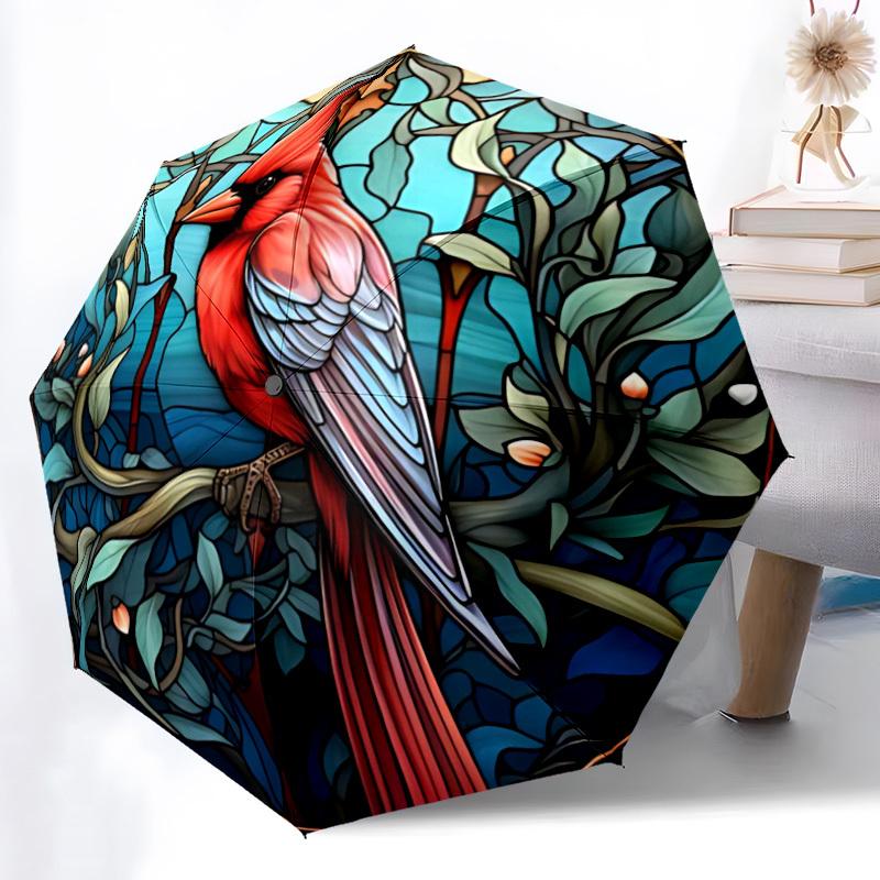 1pc Stained Glass Cardinal Auto Folding Umbrella, Sturdy And Durable Automatic Folding Umbrella with 8 Ribs, Convenient for Outdoor Use111