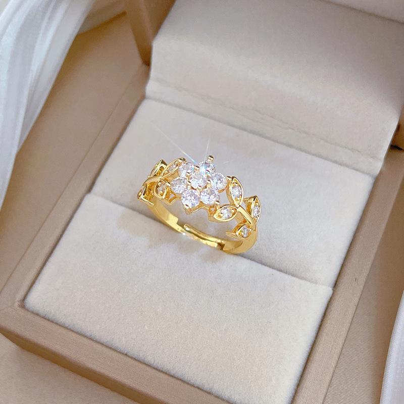 Real Gold Light Luxury Flower Full Diamond Ring Opening Adjustable Simple Jewelry Japanese Ring Couple Ring