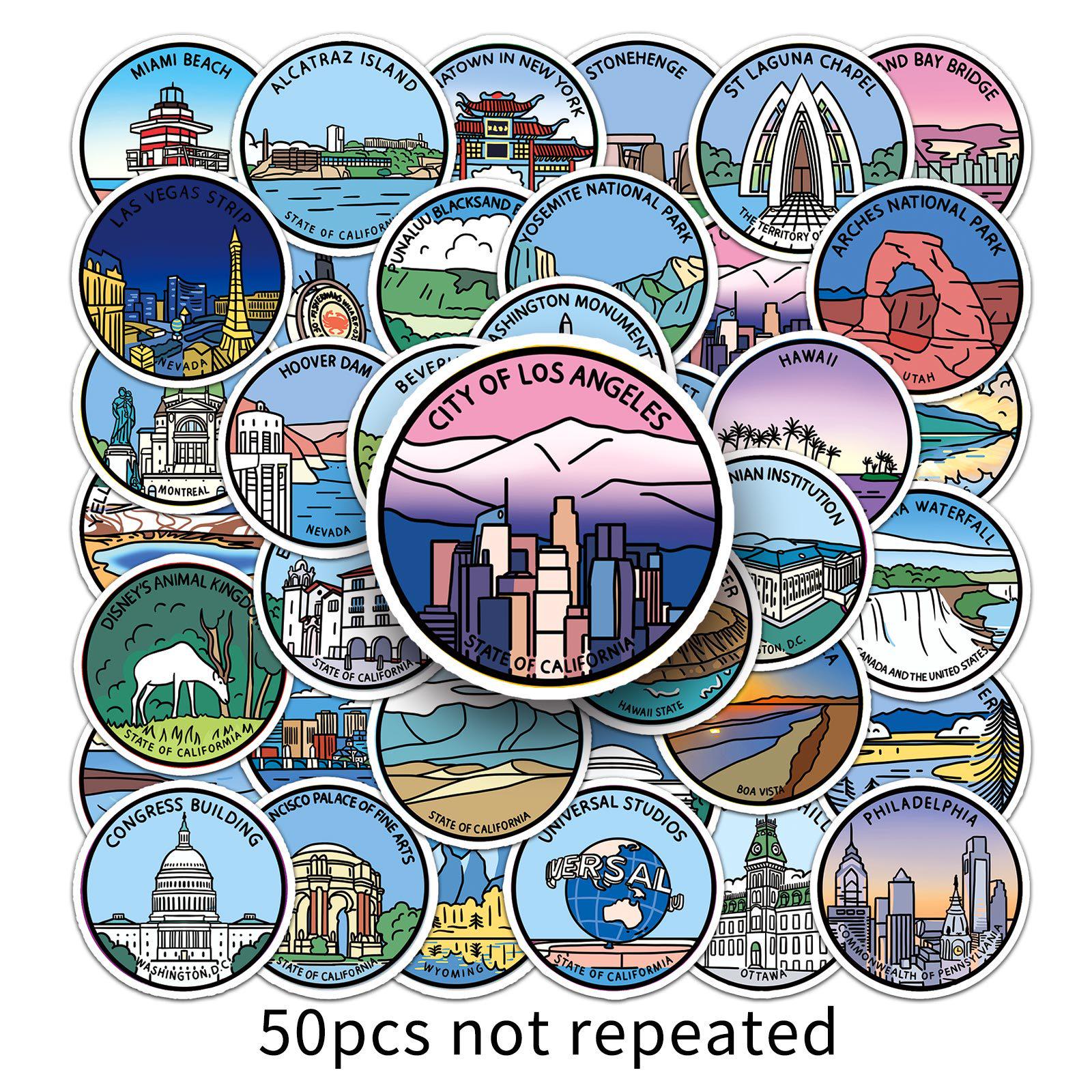 50 Landmark Building Stickers: Personalized DIY Outdoor Travel Graffiti for Water Bottles & Suitcases