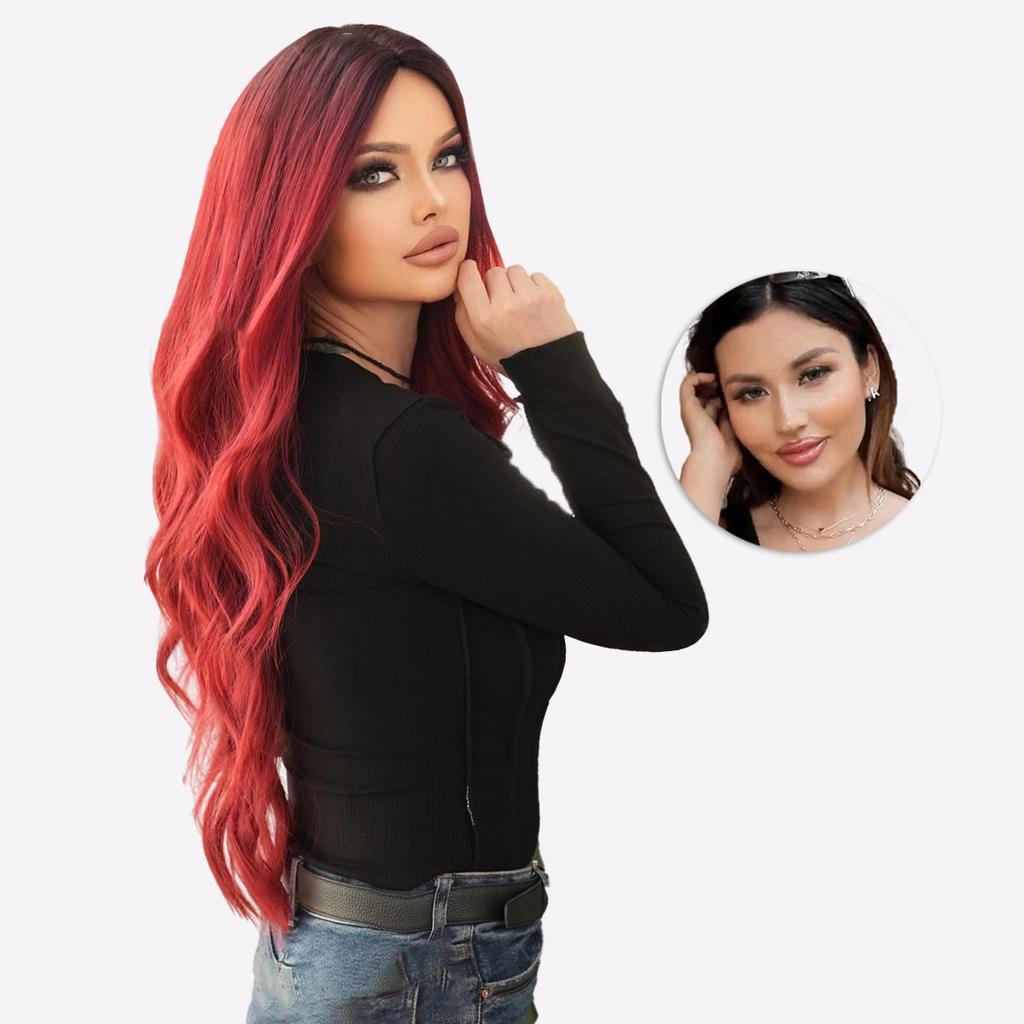 28" Burgundy Ombre Curly Wig - Heat Resistant Full Synthetic Hairpiece with Loose Body Waves & Natural Look