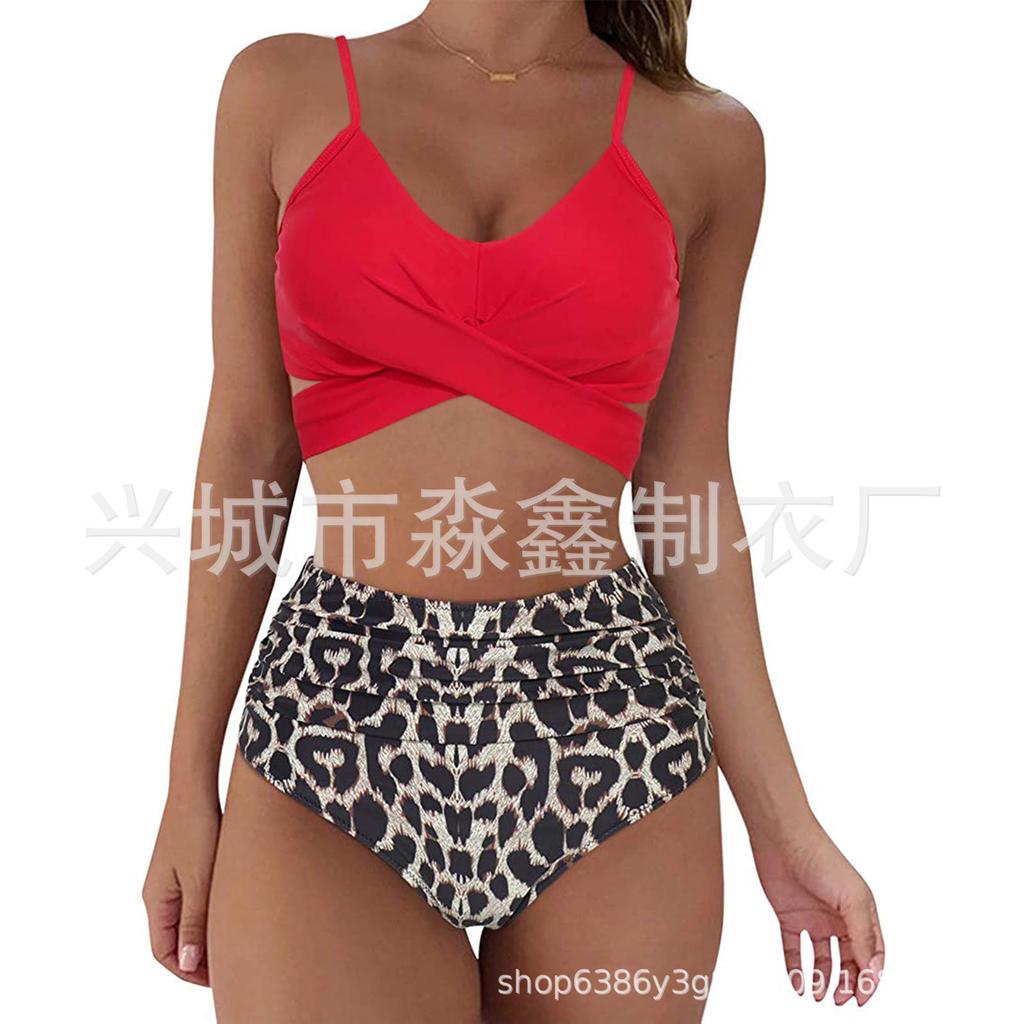 Explosive Leopard Print Cross High Waist Split Bikini, Sexy BIKINI Swimsuit for Women, Direct Supply