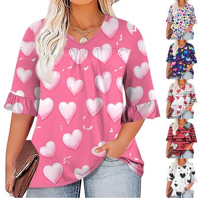 Damenmode, lässig, bedruckt, V-Ausschnitt, plissiert, Sieben-Minuten-Ärmel, Rüschenärmel, T-Shirt, Übergröße