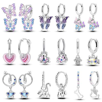 New Earrings For Women 925 Silver Color Sparkling Zircon Butterfly Unicorn Heart Hoop Earrings Luxury Fine Party Jewelry Gift