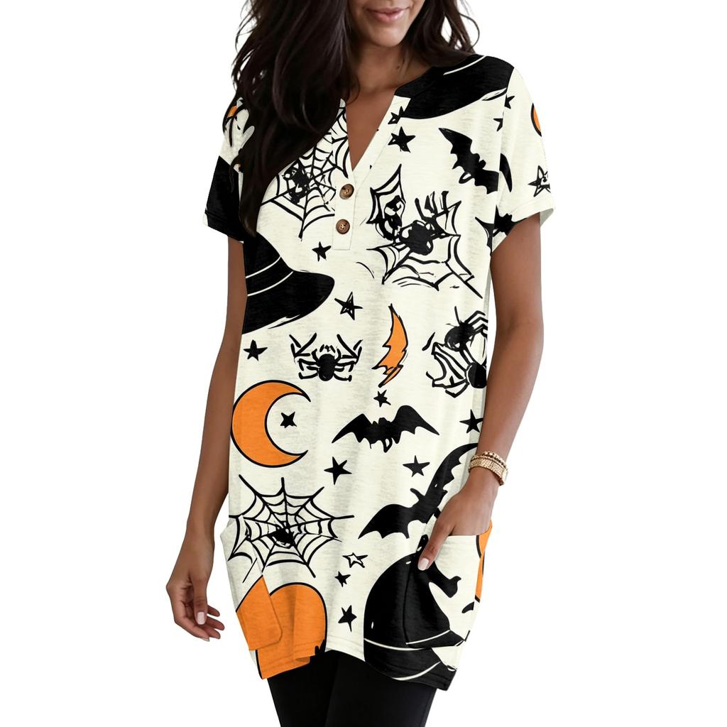 Women's V Neck Halloween Print Short Sleeve Pullover Dress with Pockets Casual Loose Fit Tunic Top
